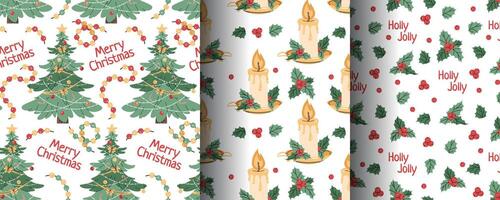 Collection of seamless Christmas patterns with fir tree, candle, oak in flat style. Holiday background with natural Christmas elements. Cartoon texture for fabric, wallpaper, wrapping paper vector