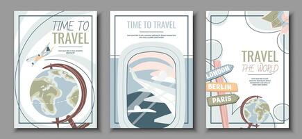 Set of tourist flyers. Posters with globe, map, porthole with a view of the wing of an airplane in the clouds. Travel around the world, summer vacation. Banners for travel agency. vector