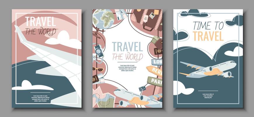 Set of tourist flyers. Posters with a plane flying in the sky, bag, globe, map. Travel around the world, summer vacation. Banners for a travel agency.