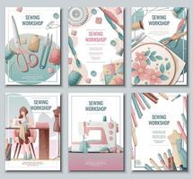 Set of flyer templates with sewing supplies. Banner, poster with a girl creating clothes on a sewing machine. Background for a sewing workshop, atelier, tailoring courses, tailoring. vector