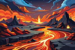An illustration of a fiery river in the mountains vector