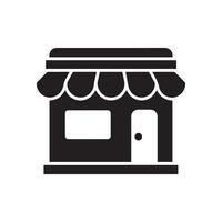 Minimalistic Black and White Storefront Icon with Awning and Door vector