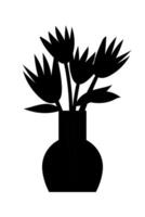 Black and white poster with silhouette of flowers in a vase. Graphic element vector