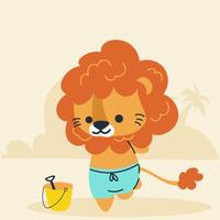 Cartoon lion on beach in flat, doodle, simple style. Design element for posters, postcards, greeting cards, wallpapers, children's clothes, fabrics, t-shirts, logos vector