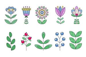 A set of abstract flowers, berries and leaves in Scandinavian style, Nordic folklore, fantasy vector