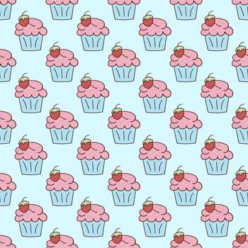 A pattern with cupcakes on a blue background vector