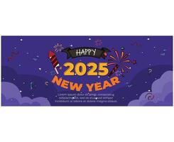 Happy New Year 2025 banner. Lettering text with fireworks vector