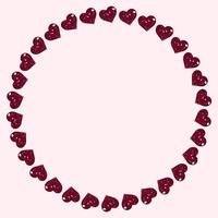 Circular frame made of red glittery hearts arranged in symmetry. Glitter texture on the hearts adds a festive and celebration. For greeting cards, posters, or digital invitations with a romantic tone. vector