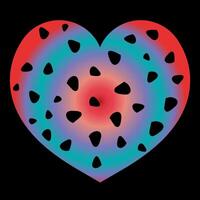 Stylized heart shape featuring a large outline with holes of various shapes. Gradient color transitions across the heart from red to blue, make striking and modern effect. Decorative hippie elements. vector