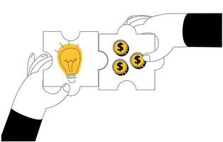 Hands with puzzle pieces connecting idea and budget. vector