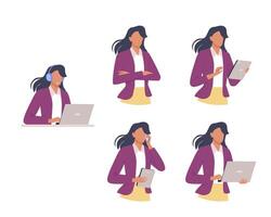 Woman in business concept. Office working process Set. Female character in suit work with laptop, tablet, discussing project on the phone. Workplace for remote work, education. Flat illustration vector