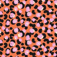 Stylish leopard inspired seamless pattern with bold black spots, pink organic shapes on a orange background. Abstract stylized print for fashion design, modern decor, and artistic branding projects. vector