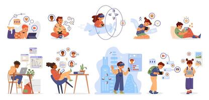 Different children addicted to gadgets surrounded with icons and symbols flat illustrations set. Kids using laptop, smartphones, virtual reality glasses, tablets, gamepads, computer. vector