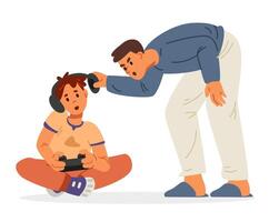 Father trying to attract attention of his teenage son playing game flat illustration isolated on white. Gadget addiction problem. vector