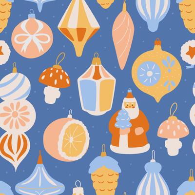 Christmas Seamless Pattern With Retro Glass Toys.