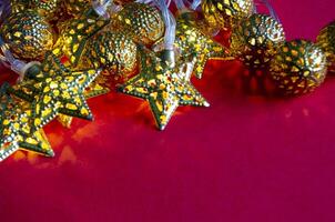 Close up of Golden Christmas balls and stars with customizable space for text. Holiday season photo