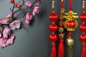Chinese New Year decoration with Chinese Character on hanging lantern meaning safe journey and blessing with customizable space for text photo