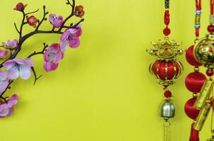 Chinese New Year decoration with on yellow cover background with customizable space for text. Chinese New Year celebration concept photo