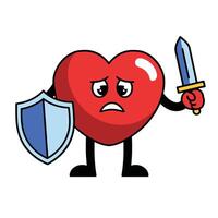 Sad Heart Warrior with Sword and Shield Cartoon Illustration vector