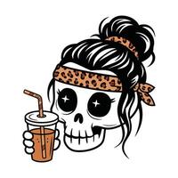 Trendy Skull with Leopard Headband and Drink Illustration vector