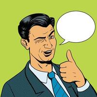 Man winks and shows good hand gesture pop art retro style illustration. Comic book imitation vector