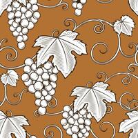Grape vine branches seamless pattern background illustration. Engraving style. Brown color vector