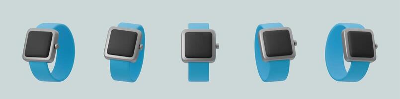 Set of 3d Modern smartwatch on a with blue strap. illustration appropriate for technology fitness and notifications vector