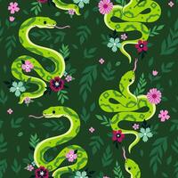 Seamless pattern with green snakes and flowers. graphics. vector