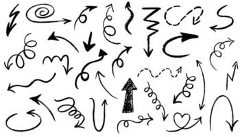 Charcoal arrows set. Hand drawn freehand different curved lines, swirls arrows. Scribbles and scrawls. Hand drawn grunge crayon brush sketch direction element. Illustration vector