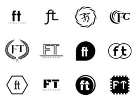 FT logo company template. Letter f and t logotype. Set different classic serif lettering and modern bold text with design elements. Initial font typography. vector