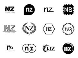 NZ logo company template. Letter n and z logotype. Set different classic serif lettering and modern bold text with design elements. Initial font typography. vector