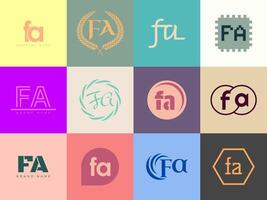 FA logo company template. Letter f and a logotype. Set different classic serif lettering and modern bold text with design elements. Initial font typography. vector