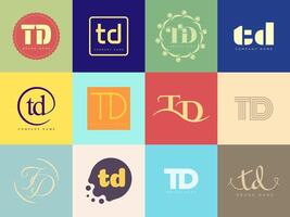 TD logo company template. Letter t and d logotype. Set different classic serif lettering and modern bold text with design elements. Initial font typography. vector