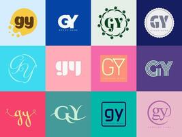 GY logo company template. Letter g and y logotype. Set different classic serif lettering and modern bold text with design elements. Initial font typography. vector