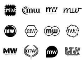 MW logo company template. Letter m and w logotype. Set different classic serif lettering and modern bold text with design elements. Initial font typography. vector