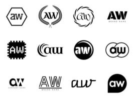 AW logo company template. Letter a and w logotype. Set different classic serif lettering and modern bold text with design elements. Initial font typography. vector