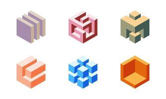 Cube logo, geometric design. Set box logotype company, trendy techno emblem in isometric 3D style. vector