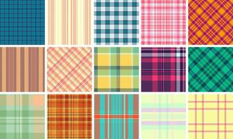 Geometric plaid pattern collection in bold colors, ideal for textile, clothing, or repeating wallpaper prints with a trendy touch. vector