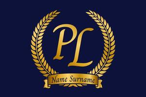Initial letter P and L, PL monogram logo design with laurel wreath. Luxury golden calligraphy font. vector