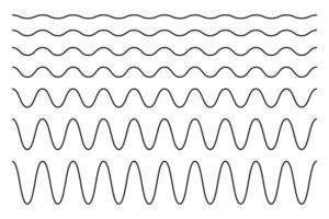 Set of horizontal wavy lines. Undulate borders. Sine or cosine curves. Water, fluid, air or wind symbols. River, sea, lake or ocean signs isolated on white background vector