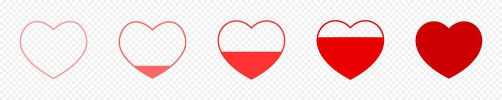 Empty and full red heart icons. Measuring passion level or degree of heart health symbols. Love meter signs isolated on transparent background. flat illustration vector