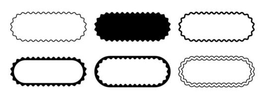 Set of different oval frames with wavy edges. Rectangular shapes with wiggly borders. Banner frames, empty text boxes, speech bubbles, tags or labels scalloped elements. graphic illustration vector