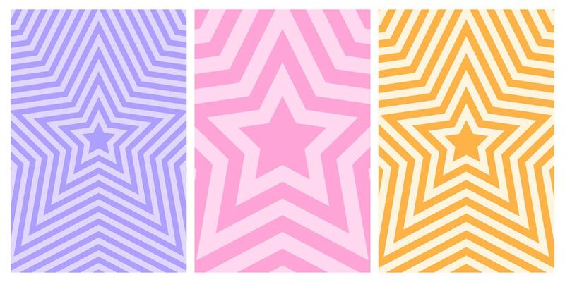 Set of posters with concentric stars. Trendy y2k patterns in pastel colors. Trippy psychedelic wallpaper designs. Aesthetic backgrounds with hypnotic effects