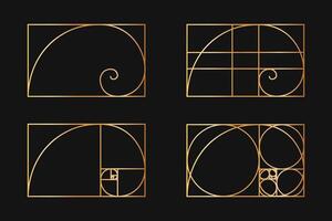 Golden ratio templates. Logarithmic spirals in rectangle frames divided on lines, squares and circles. Fibonacci sequence grids. Ideal harmony, symmetry proportions layouts vector