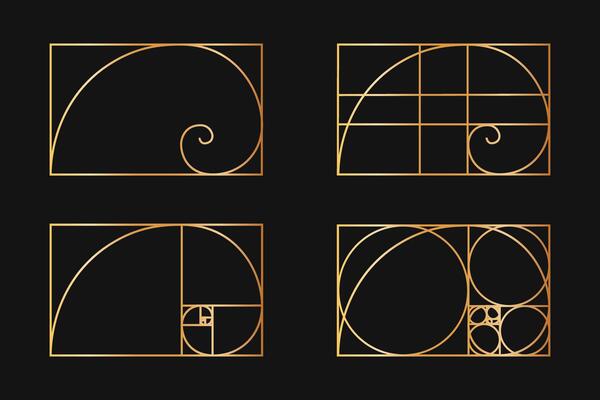 Golden ratio templates. Logarithmic spirals in rectangle frames divided on lines, squares and circles. Fibonacci sequence grids. Ideal harmony, symmetry proportions layouts