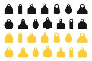 Ear tags for cattle. Set of blank black and yellow identification labels for farm animals. Collection of earmark mockups for livestock isolated on white background vector