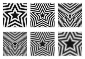 Set of concentric stars backgrounds. Trendy y2k patterns in black and white colors. Groovy psychedelic wallpaper designs. Aesthetic posters with hypnotic effects vector