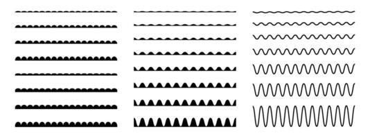 Wiggly borders, scallop stripes, wavy lines, undulated strokes, squiggly brushes isolated on white background. Seamless curvy pattern. Decorative waveforms elements. graphic illustration vector