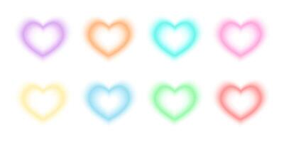 Heart shapes in holographic blurry style. Trendy y2k stickers for Valentine day with gradient aura effect in different pastel colors isolated on white background vector