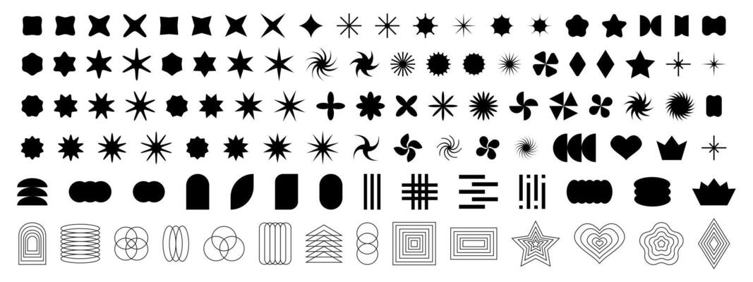 Aesthetic y2k icons. Set of trendy retro shapes. Simple black star, flower, heart, rhombus symbols in 70s, 80s, 90s geometric style